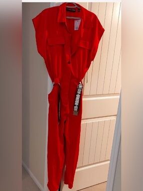 Bright Red Utility Jumpsuit with Contrast Strap
